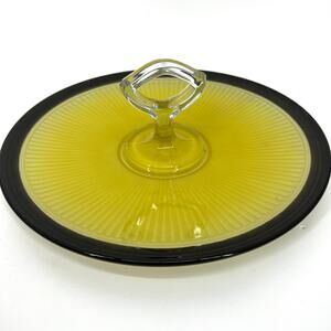 Vintage Ribbed Glass Serving Tray with Handle Yellow with Dark Trim 11"